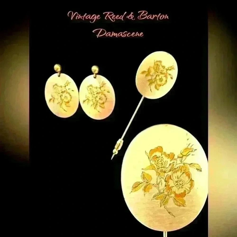Vintage Reed & Barton Damascene Floral Engraved Silvertone Earrings & Lapel Pin